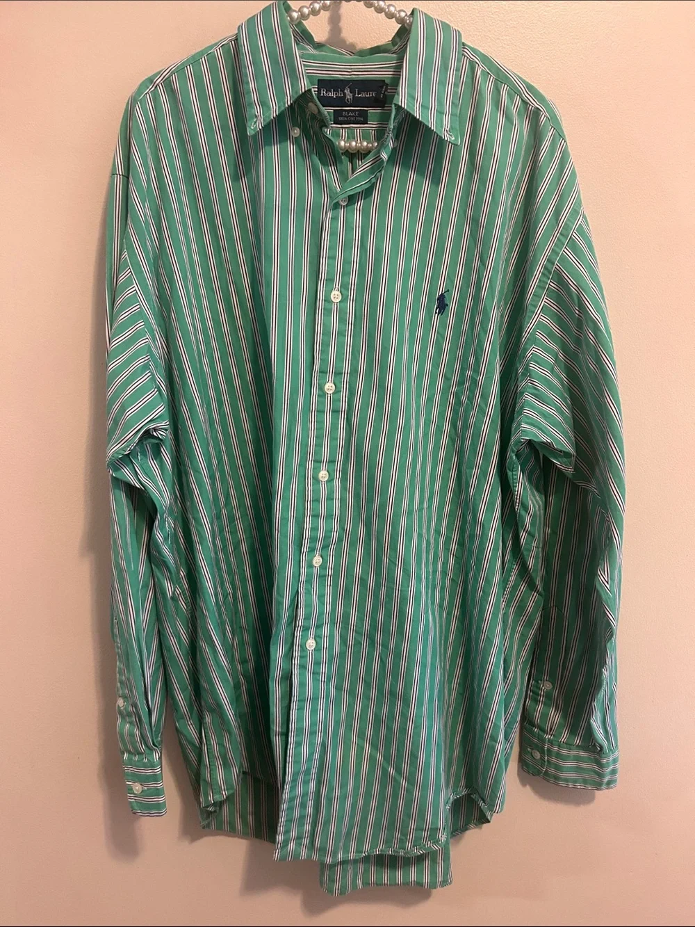 Vtg Polo Ralph Lauren Blake Shirt Mens L Green White Stripe 100% Cotton 90s Big